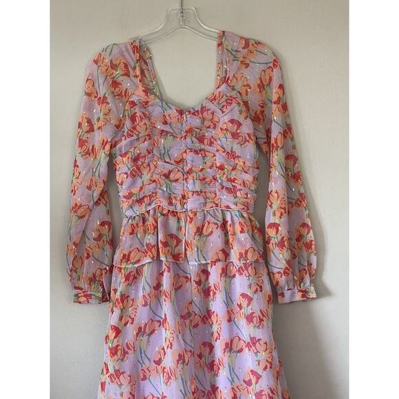 BURU Lavender Floral Print MIDI Peplum Dress Metallic Trim Size XS Front To Back - Picture 3 of 7